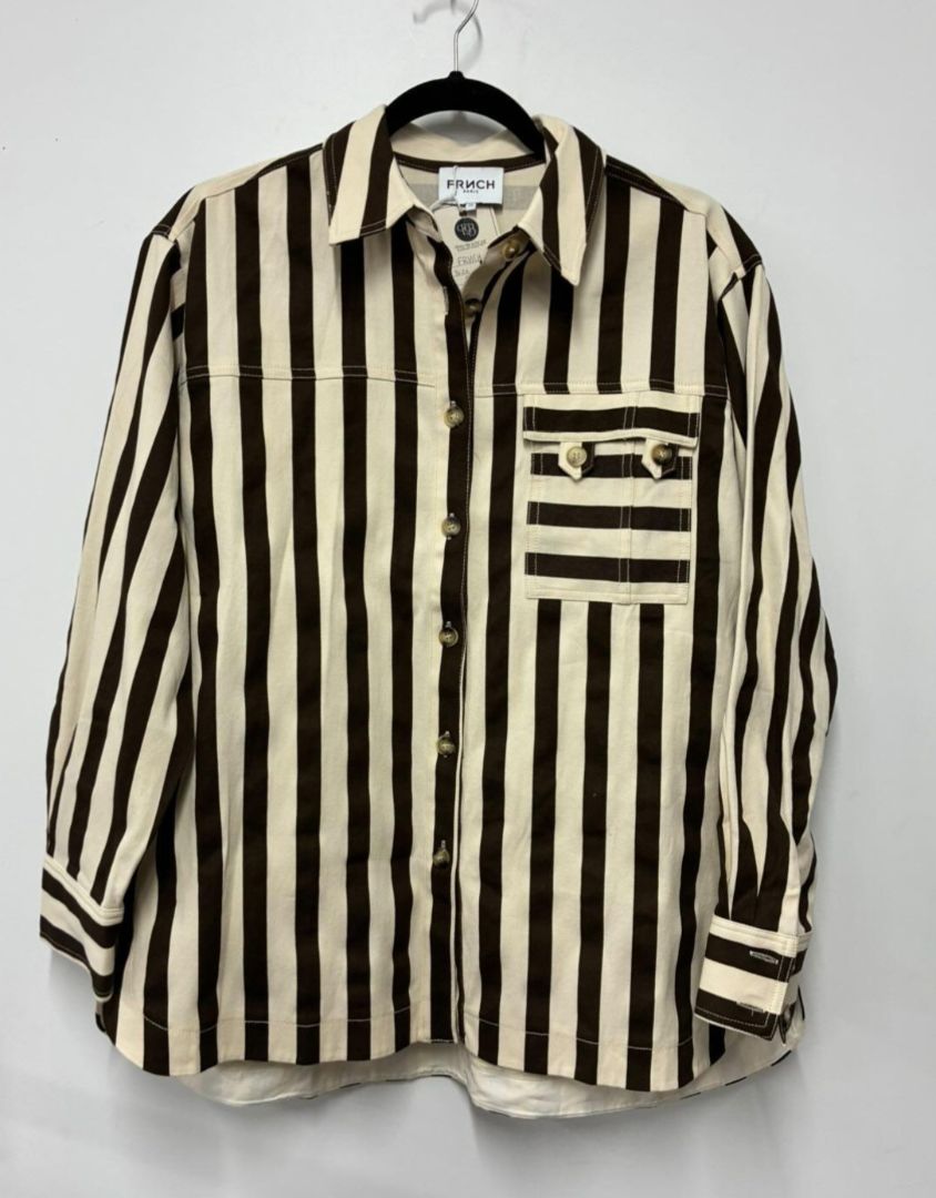 cream, brown frnch Long Sleeve Top, XS